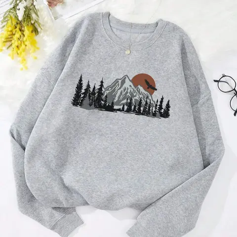 Women's Mountain Print Drop Shoulder Sweatshirt, Casual Long Sleeve Round Neck Pullover for Fall & Winter, Ladies Clothes for Daily Wear