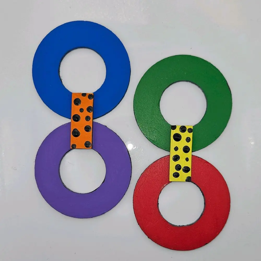 Double Take- Colorful stacked, 4 inch long, Lightweight,   wooden   statement earrings.