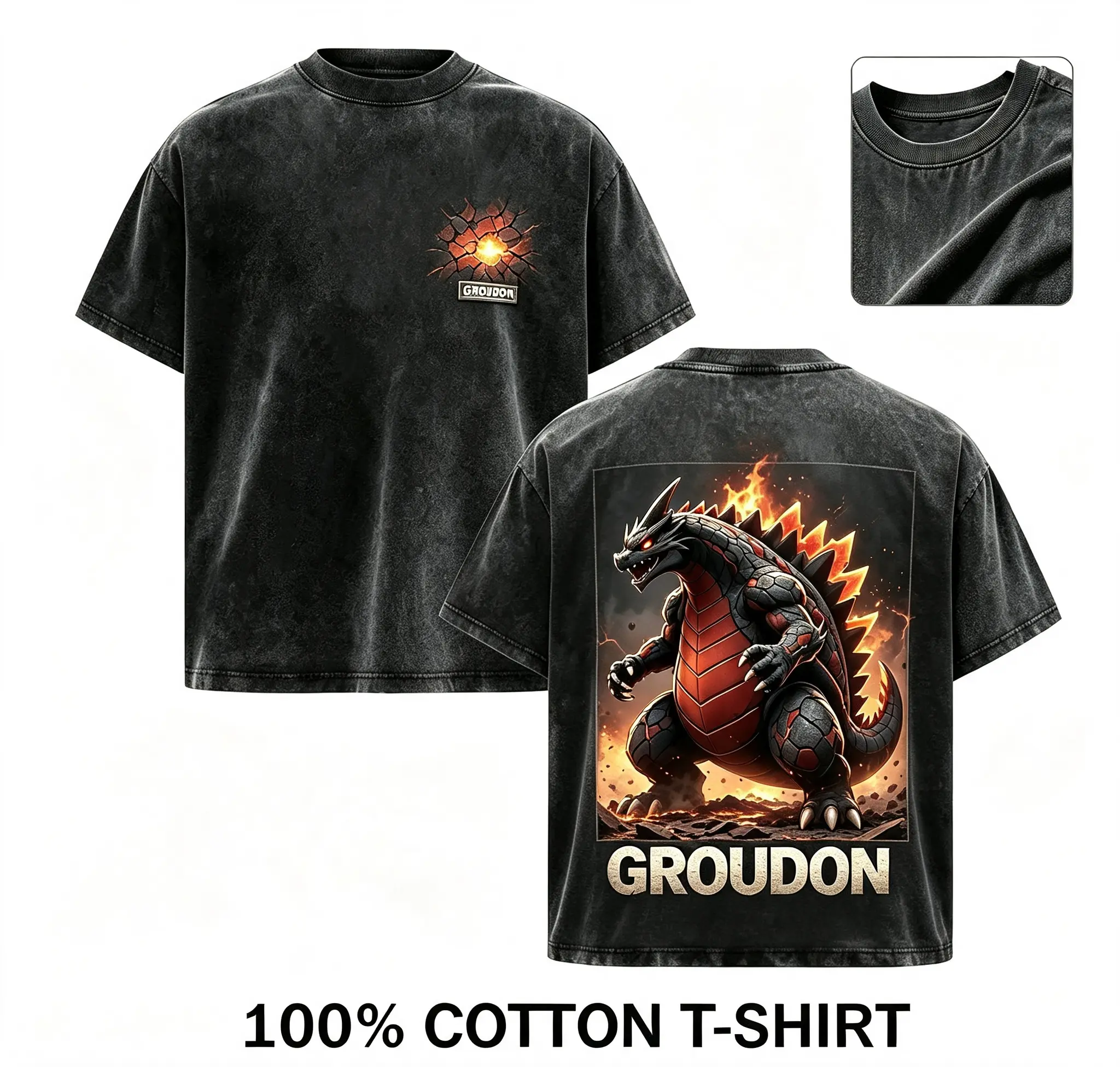 Men's Retro Groudon Vintage Wash T-Shirt - 100% Cotton, Oversized Unisex Top, Dual-Sided Pokemon Monster Cartoon Print, Street Style Fan Apparel  cotton graphic tees