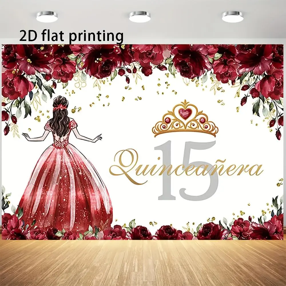 1PC Red Floral Princess Crown 2D Flat-Printed Polyester Fabric Photo Backdrop, Colorful Flower-Themed Quinceañera 15th Birthday Party Decoration Banners, Reusable Indoor-Outdoor Photo Booth Prop, Photo Backdrops