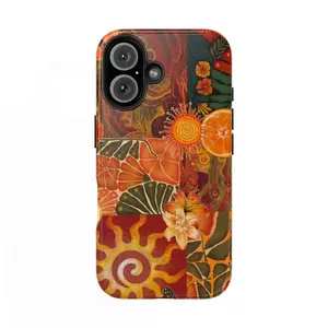 Boho Hippie Sun & Orange Floral  Phone Case for IP 17 16 15 14 13 12 11 Pro Max XR Xs 6 7 8 Plus SE, Aesthetic Vibrant Flower & Swirls Case, Shockproof Heavy Duty Protective Cover, Groovy Abstract Collage Tough Case