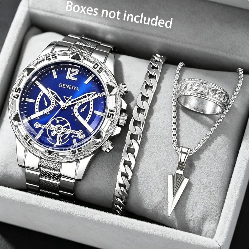 Viral 4-Piece Men’s Silver Kit | Blue Dial Watch + Cuban Bracelet & Ring