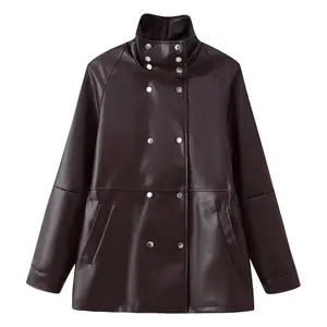 Double breasted slim fit stand up collar leather jacket
