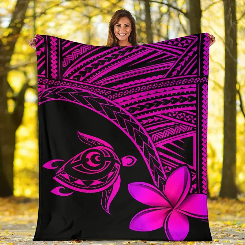 Vintage Floral Hawaiian Hibiscus - Samoan-Inspired Polynesian Turtle Throw Blanket - All-Season Gift, Cozy Flannel Polyester, Vibrant Geometric & Floral Design, Lightweight Throw, Hawaiian Home Decor, Room Decor, Whimsical Home Decor
