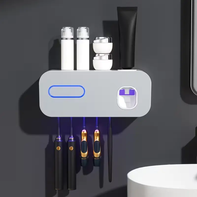 Smart Toothbrush Holder with Automatic Toothpaste Dispenser, Wall‑Mounted 5‑Slot Storage Rack, Durable Plastic Toothbrush Disinfector, Multifunctional Bathroom Storage Organizer for Daily Bathroom Household Use