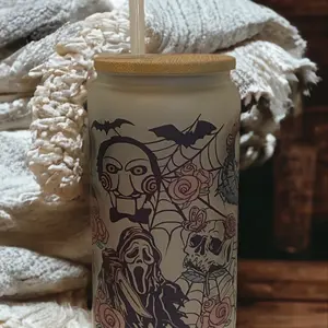 Halloween Movie Scary Faces Frosted Glass Cup with Lid and Straw Drinkware Tumbler Reusable Bottles Mug