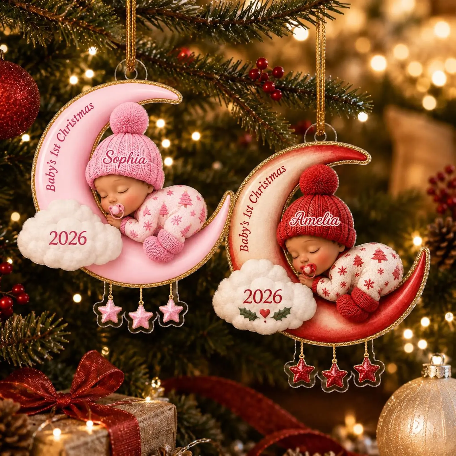 Baby First Christmas On The Moon - Personalized Acrylic Ornament, Moon and Stars Acrylic Ornament with Name, Newborn Keepsake Gift 2026, Home Decor Ornaments Decoration - TrendyGiftUSA