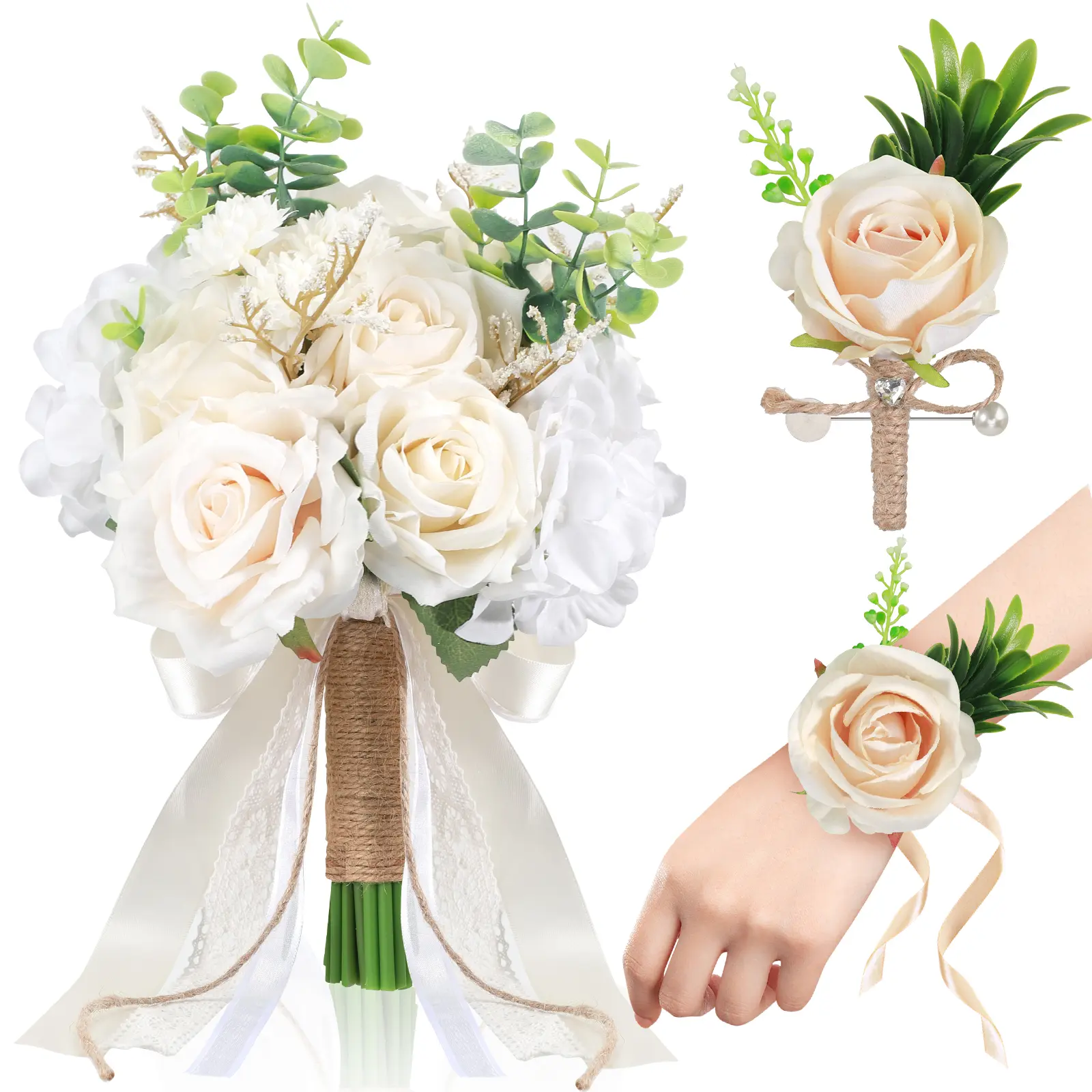 Decorative Artificial White Champagne Rose Bouquet Set with Ribbon Bow & Box - Home Decor Flower for Bride, Engagement, Mother's Day Celebrations