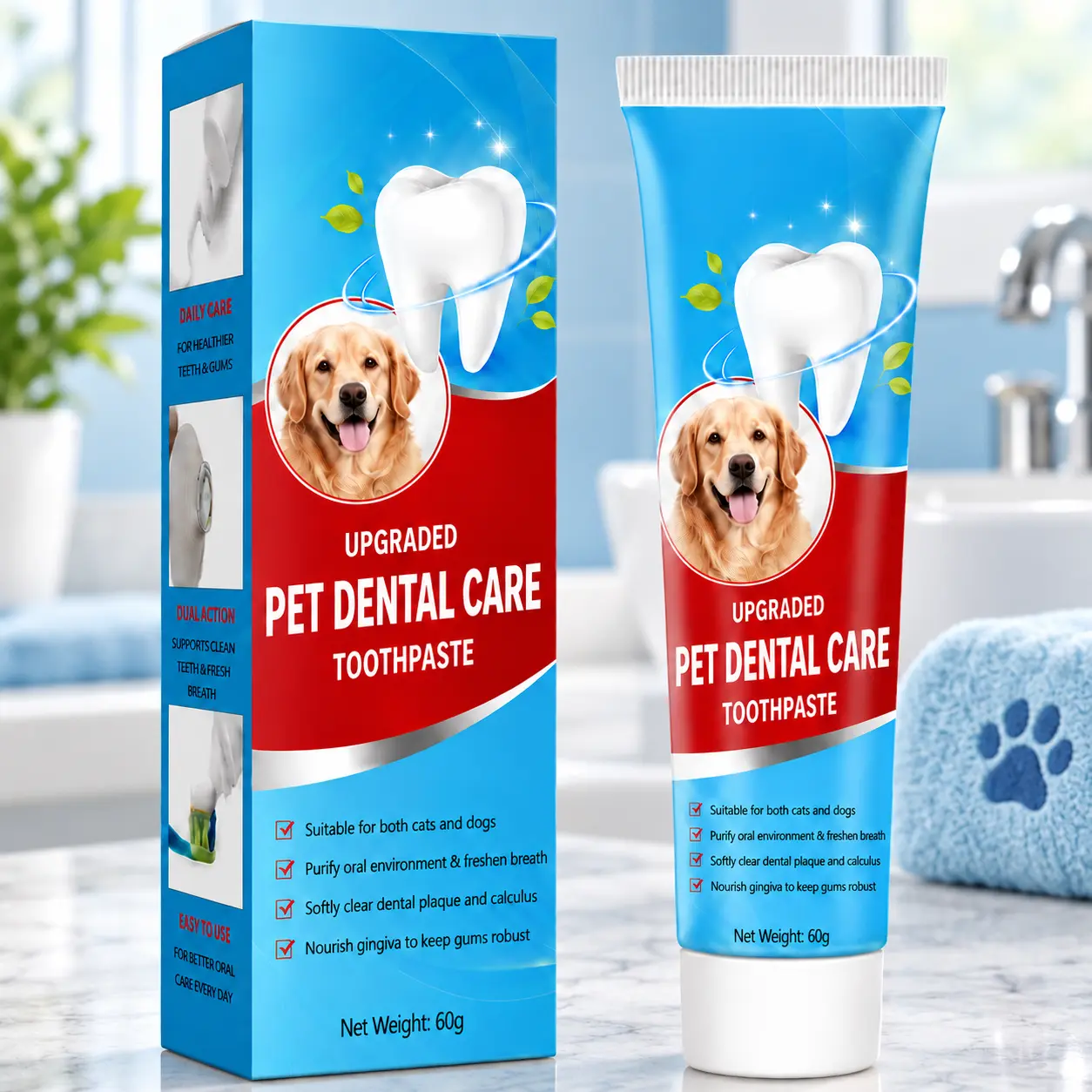 Pet Dental Toothpaste for Dogs & Cats, 60g Daily Oral Care Paste for Fresher Breath, Clean-Feeling Teeth and Everyday Pet Dental Care