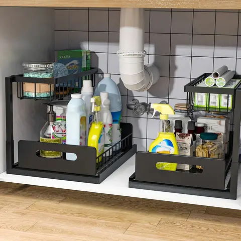 Metal Sliding Pull-Out Rectangular Storage Rack with Adjustable Shelf Rack - Sturdy 2-Tier Durable Holder, Kitchen Cabinet Organizer for Space Maximization, Bathroom Storage Solution, Practical Christmas Gift for Mothers