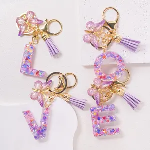 Women's purple Butterfly Tassel Letter Keychain, Glitter Mosaic Design, Lobster Clasp Key Ring for Keys Bags Backpacks| Gift Idea