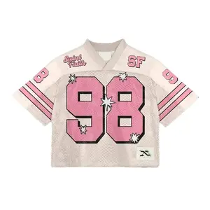 Unisex Pink Cropped Mesh Jersey 98 V-Neck Football Style Top Summer Casual Loose Breathable Street Sports Shirt Men Women SF Saint Faith Letter Graphic Athletic Wear