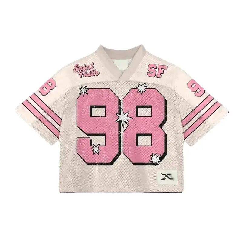 Beige Brown Cropped Mesh Football Jersey V-Neck 69 Wild Spirit
