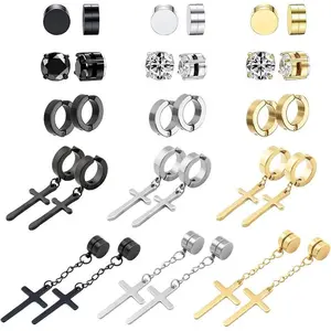 15PairsMagneticStudEarringsforMenCliponEarringsStainlessSteelMagnetEarringUnisexDangleCrossCZHoopMagneticStudEarringSetforMenWomen