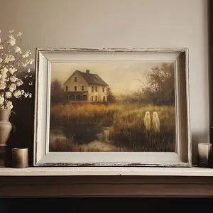 Vintage Halloween Wall Art Decor, Ghost Canvas Print, Unframed Horizontal Painting for Living Room Bedroom Bathroom Decoration