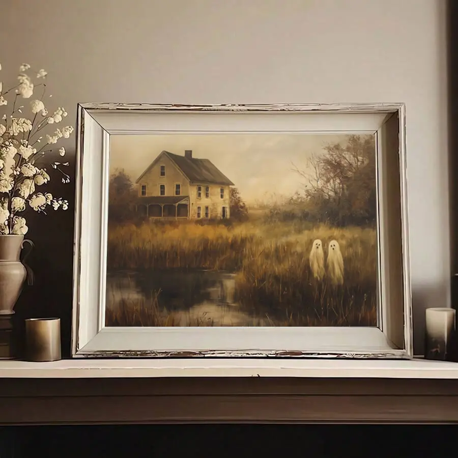 Vintage Halloween Wall Art Decor, Decorative Artwork, Ghost Canvas Print, Unframed Artistic Horizontal Painting for Living Room Bedroom Bathroom Decoration