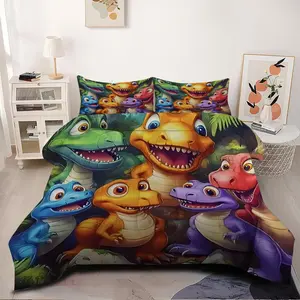 2/3Pcs Vibrant Dinosaur Adventure Comforter Set, Fun Cartoon Dino Bedding Set for Kids, Soft and Cozy Quilt Design, Perfect for Colorful Bedroom Decorations, Bringing Joy to Every Child's Room!1 or 2 Pillowcase No Pillow Core