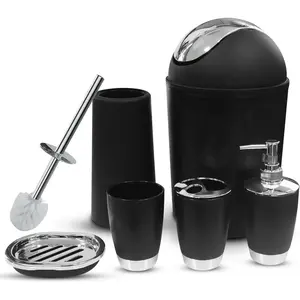 Bathroom accessory set, 6-piece plastic gift set, toothbrush holder, toothbrush cup, soap dispenser, soap dish, toilet brush holder, trash can (black)