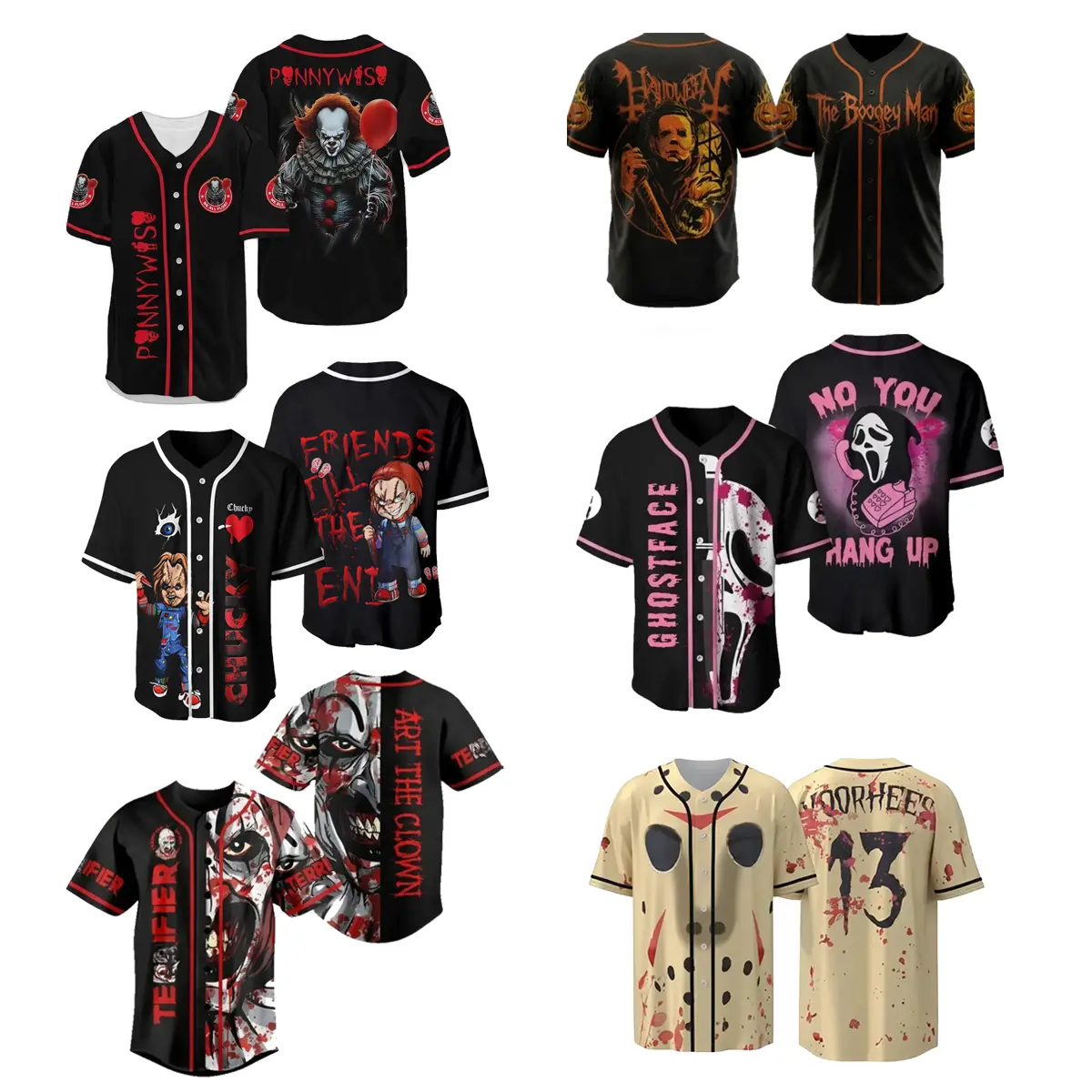 Classic Horror Movie Baseball Jersey, Halloween Costume All Over Print Baseball Jersey, Spooky Season Shirt, Horror Movie Night, Halloween Outfit, Fall Gothic Clothes for Myers Jason Ghostface Chucky Penny Freddy Fan