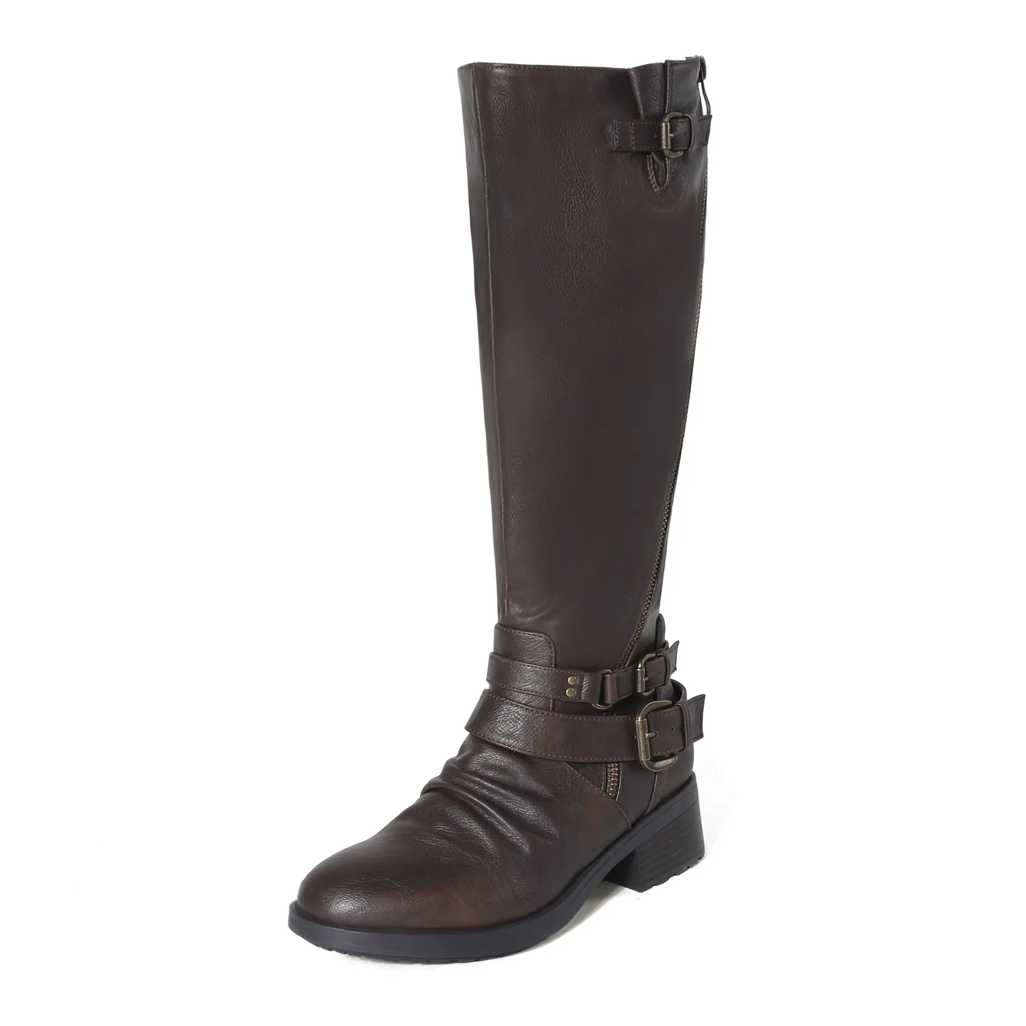 Dream Pairs Women's Knee-High Boots, Wide Calf Western Riding Boot with Buckle Straps and Side Zip, Faux Fur Lined for Casual Outdoors, Western Booties, Rubber, Casual Wear, Tpr Sole, Cowgirl Boot, Western Ootd