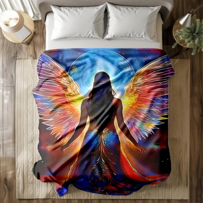 1 piece Colorful-winged angel back with cosmic halo themed flannel blanket - Oversized fluffy warm sofa blanket, suitable for beds and sofas, modern geometric pattern design, all-season use, digital printing, 100% polyester material, machine