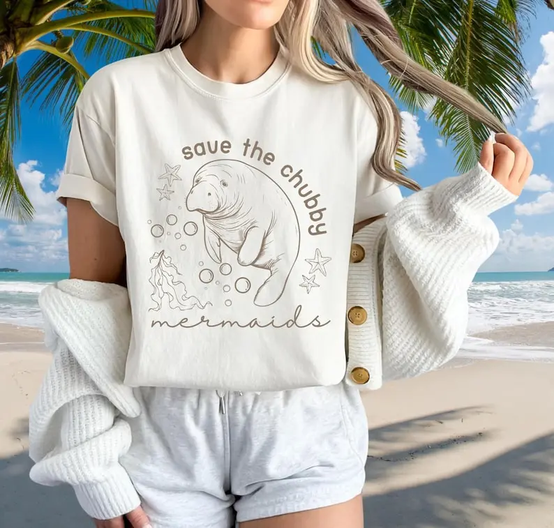 Save the Chubby Mermaids Marine Conservation Gift Summer Casual Wear Ocean Inspired Shirt Fisherman Aesthetic Florida Clothing Cute Sea Plus