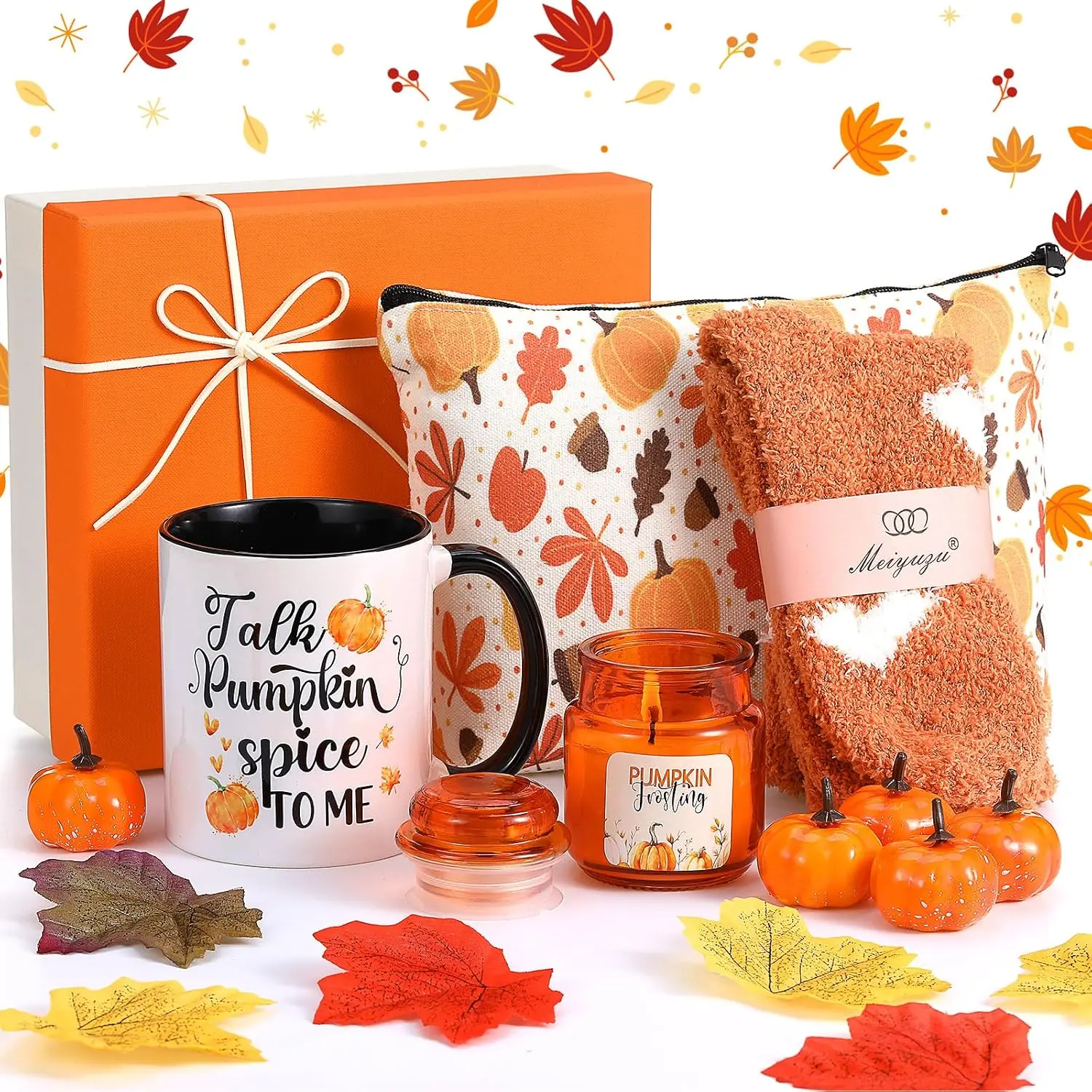 10 Pcs Fall Gift Orange Get Well Gift Basket Include Pumpkin Spice Candle Coffee Mug Socks Makeup Bag Hair Tie Mini Artificial Pumpkins Maple Leaves and Box Self Care Birthday Spa Set for Women