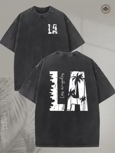 valentine shirts Men's Vintage Palm Tree Graphic T-Shirt - 230GSM Heavy Washed Cotton Short Sleeve Shirt, Double-Sided Retro California Beach Design for Streetwear, Outdoor & Travel, Loose Fit Casual Tee