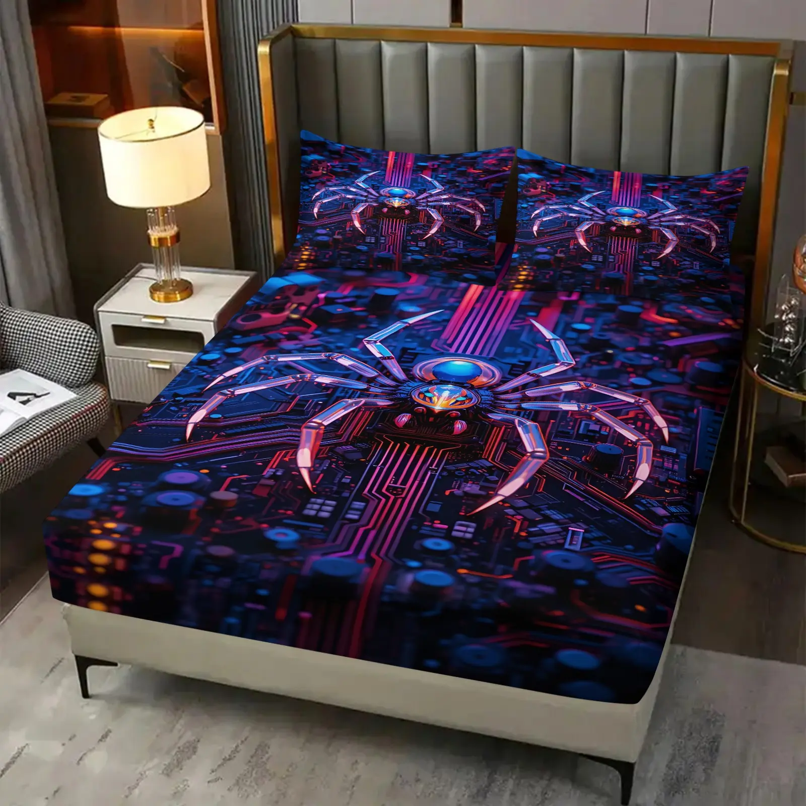 Neon Cyberpunk Spider Tech 3‑Piece Fitted Sheet Set, No Filling Included, Machine Washable High‑Stretch Bedding Set, Futuristic Room Decor for Bedroom, Master Bedroom, Teen Bedroom, Dorm Room, Small Apartment, Guest Room