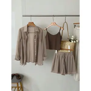 Plus-size solid-color three-piece set featuring a basic casual short-sleeved button-up shirt, a crop top, and shorts—suitable for everyday wear and ideal as an all-season women’s outfit. SetGARMENTARY