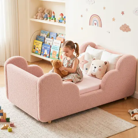 Lilypelle Vintage Wood Fluffy Cloud Safe Sleep Toddler Bed Frame - CPSC Certified, Detachable Safety Railing, Certified Velvet Fabric, Standard Crib for Boys & Girls (Mattress Excluded) | Dorm Essentials, Home Decor