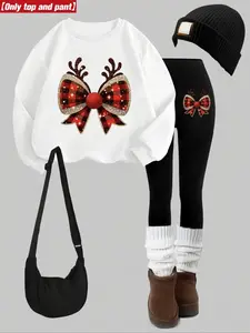 Women's Christmas Pattern Sweatshirt Set, Round Neck Long Sleeve Top, Fitted Pants, Casual Fall & Winter, Holiday Promotion
