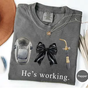 Comfort Colors Blue Collar Welder Wife He's Working Shirt, Welding Gf Gift, Welder Wife Tee, Funny Welding Gift, Welding Helmet Blue Collar