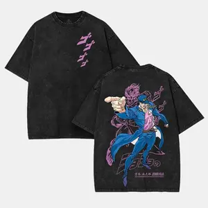 Jotaro Kujo x Star Platinum Anime Manga Double Printed Acid Washed Cotton T-Shirt 90s Menswear men's Soft Tops 90s graphic tees