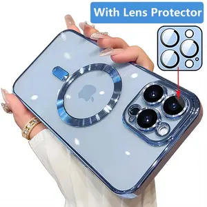 Luxury Shiny Transparent Magnetic Plating Smartphone Casing, Crystal Camera Lens Glass Protector, MagSafe Wireless Charging Compatible, Protection Accessory for iPhone 17,16,15,14,13,12,11 Pro Max