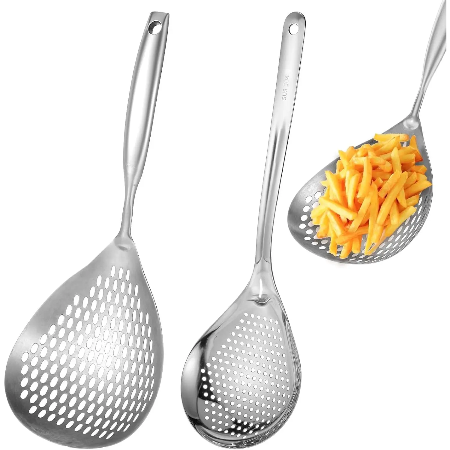 2 count Skimmer Slotted Spoon, 304 Stainless Steel Skimmer Spoon Long Handle Spider Strainer Spoon Pasta Spoon Metal Ladle Spoon Fryer Scoop Wok Spatula for Cooking, Frying, Colander, Kitchen Utensils