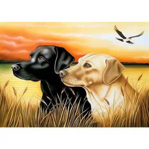 1PCS Diamond Painting Kit Two Labrador Retrievers at Sunset with Flying Eagle DIY Craft Home Decor Gift