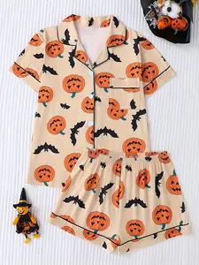 Women's Two-Piece Halloween Pajama Set, Casual Comfortable Fitted Collared Short Sleeve Shirt with Pocket, Elastic Waist Shorts, All-Season Sleepwear