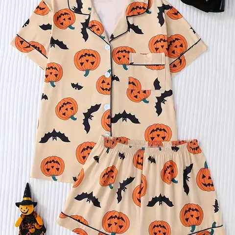 Women's Two‑Piece Halloween Pajama Set, Casual Comfortable Short Sleeve Shirt with Pocket, Elastic Waist Shorts, All‑Season Sleepwear, Fitted Pajama Set