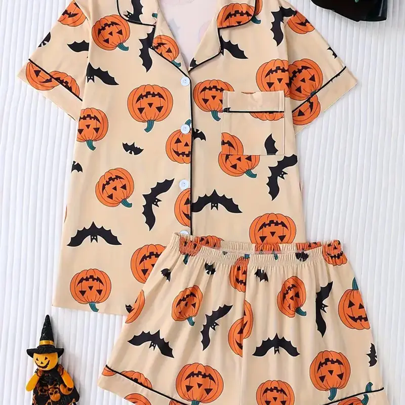 Women's Two‑Piece Halloween Pajama Set, Casual Comfortable Short Sleeve Shirt with Pocket, Elastic Waist Shorts, All‑Season Sleepwear, Fitted Pajama Set