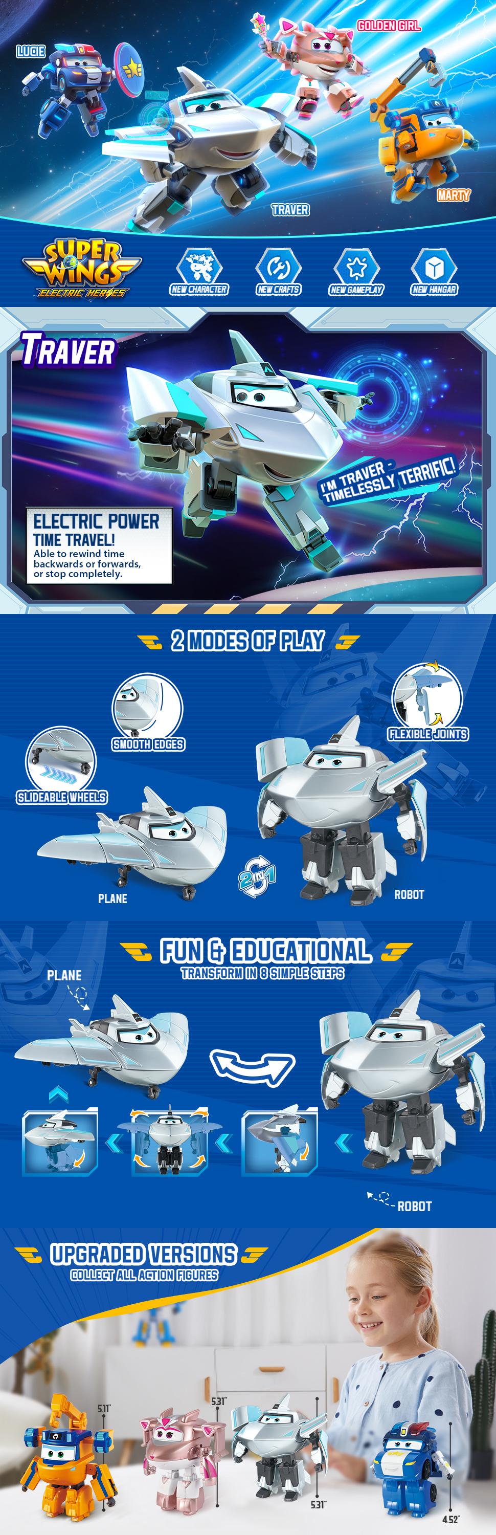 Super Wings Transformable Toys, 5 in Traver Airplane Transforming Figures Toys, 2 in 1 Mode Rescue Bots Action Figure for 3-5 Year Old Boys Girls, Fun Plane Toy for Toddlers Kids Age 3 4 5 6 7