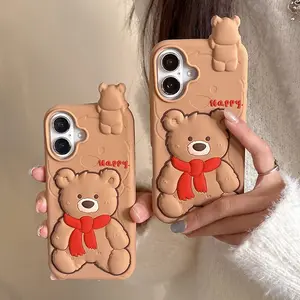 Bear Silicone Soft Phone Case for iPhone 16 Pro Max 15 14 13 Pro Max Shockproof Bumper Cover with Red Scarf Design Protective Casing Protection Cellphone Smartphone Screen Protector