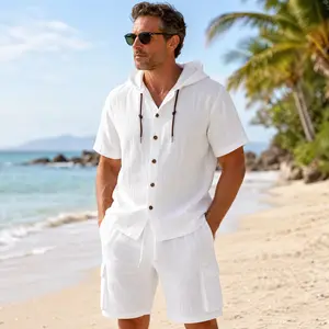 Men's Linen 2 Piece Outfit Set Casual Short Sleeve Hoodie Button Down Shirt and Matching Cargo Shorts for Summer Beach Vacation Resort Loungewear Lightweight Breathable Lounge Set