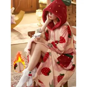 New Strawberry Women’s Bathrobe, Autumn/Winter Coral Fleece Warm Loose Home Wear, Wearable Blanket, Perfect Gift for Girlfriend