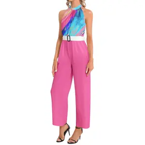 Women’s Halter Top Romper Jumpsuit Pantsuit Onesie One Piece Wide Leg Pink Blue Swirl White Belted Stylish Outfit Set Womenswear Sleeveless Cute Comfortable