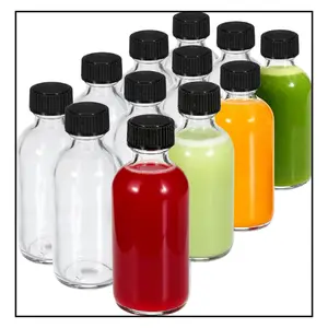 12-Pack 2 oz (60ml) Small Glass Boston Round Bottles with Lids - Leak-Proof Mini Travel Containers for Ginger Shots, Juice, Whiskey, Samples | W/Labels, Funnels & Brushes