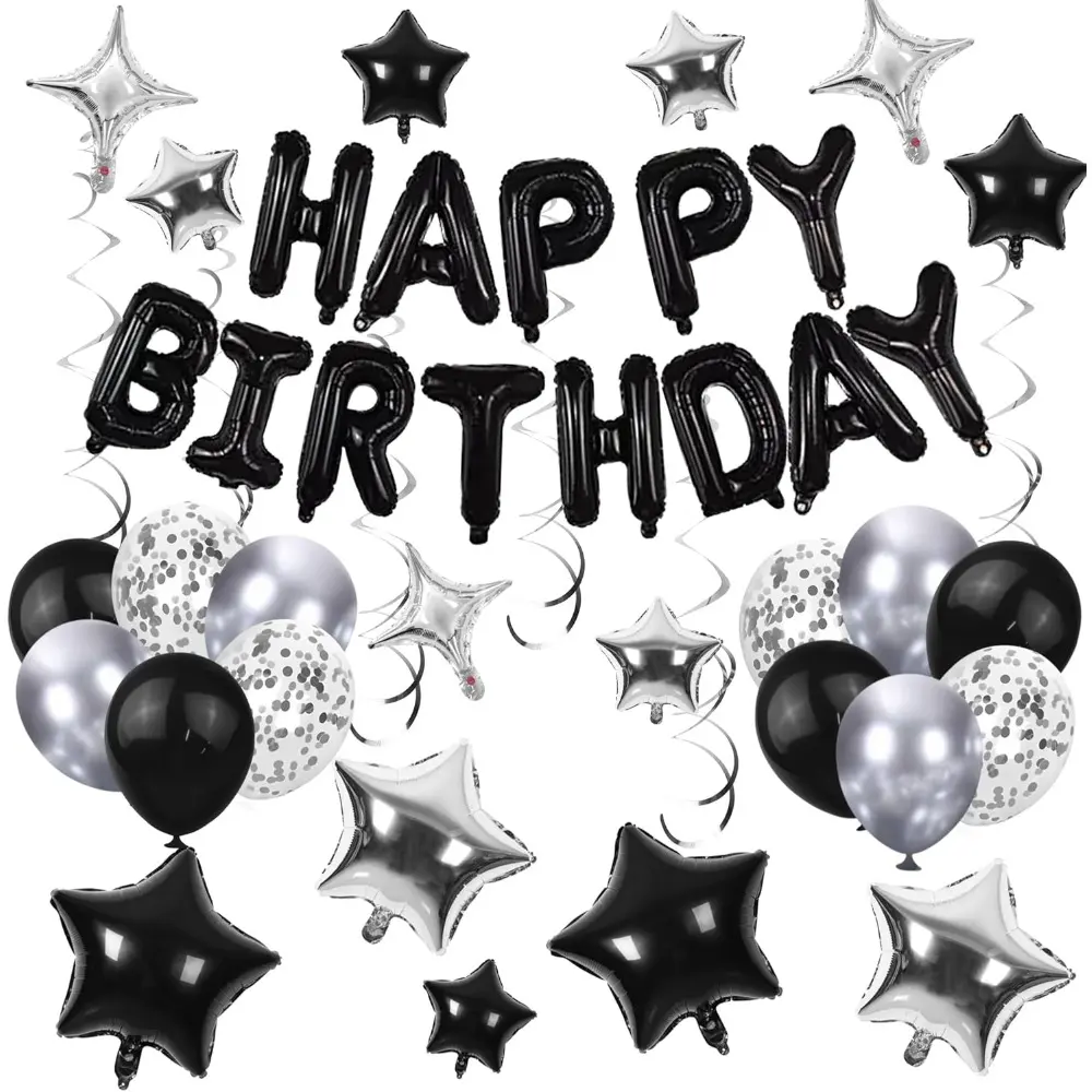 Unisex Silver-Black Happy Birthday Balloon & Banner Set - Star, Confetti, Letters - For 16th/18th/20th/21st/25th/30th/40th/50th/60th Party Decor (Black, Balloon Decoration Set for Windows, Backyards)