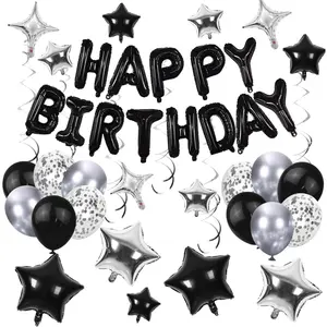 Happy Birthday Balloons and Banner-Silver and Black - For Boys, Men, Girls, Women - 16th, 18th, 20th, 21st, 25th, 30th, 40th, 50th, 60th Birthday Party Decorations (Black)
