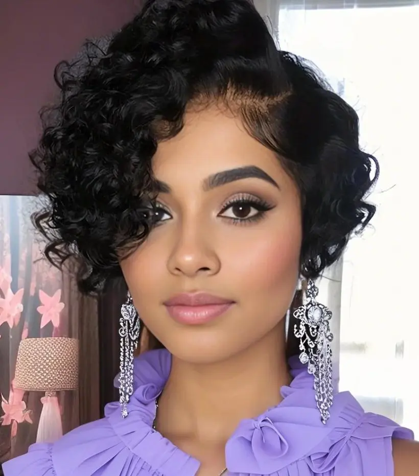 Burmese Hair 6inch Short Kinky Curly Pixie Cut 100% Human Hair Wigs 13x4x1 Transparent Lace Wig Natural Color For Black Women