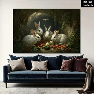2D Flat, Framed Easter Bunnies Sharing Feast Canvas Painting - Spring Rabbits, Wrapped Canvas Poster Suitable for Living Room,, Room Decor - Spring & Valentine's Day Decoration Gift, 2D Flat	